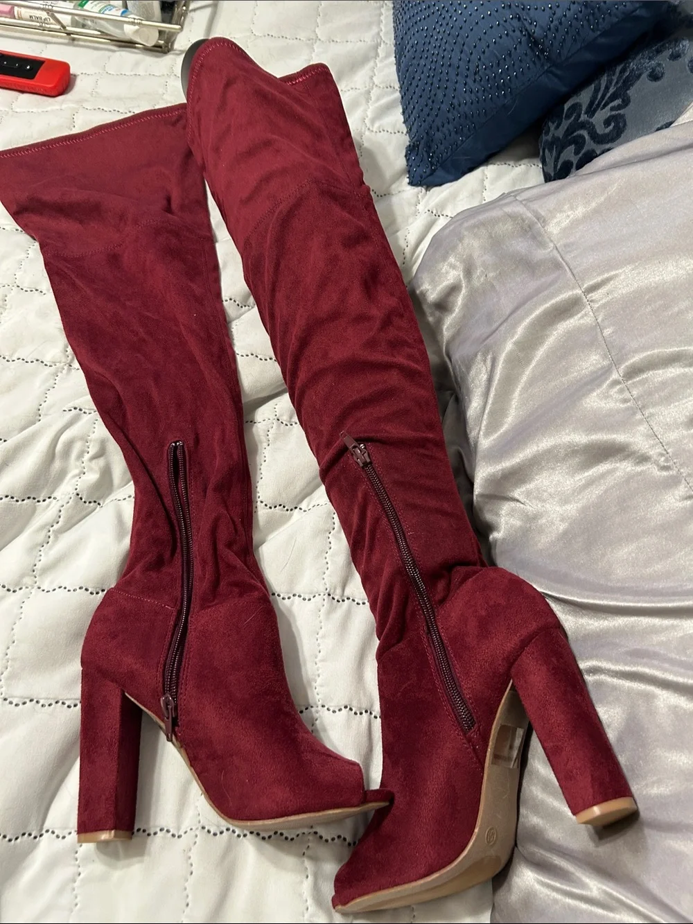 Soda Burgundy Over-the-Knee Peep-Toe Block Heel Boots